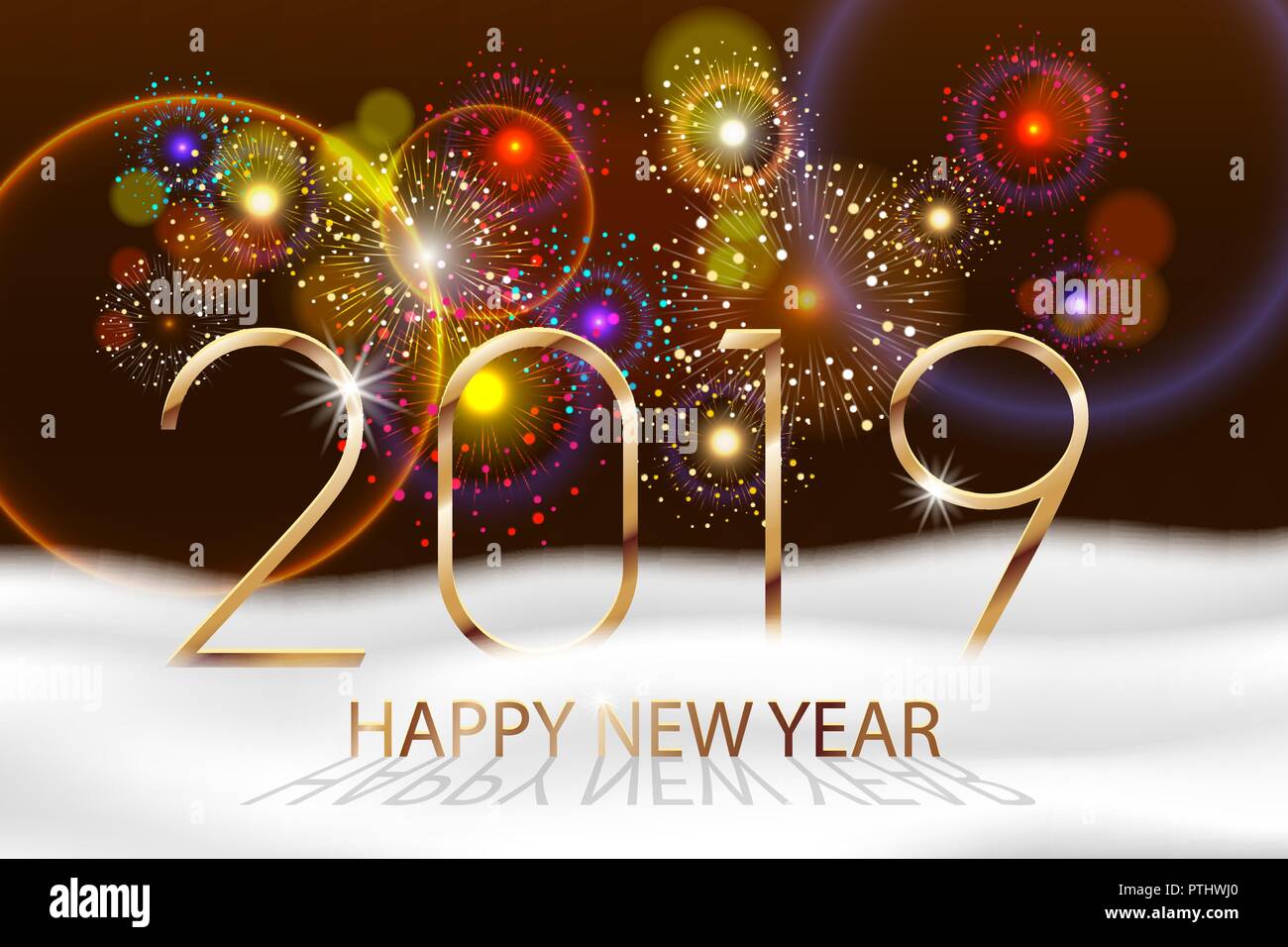Vacanze vettoriale sullo sfondo di fuochi d'artificio. Felice anno nuovo 2019. Tanti auguri, colorati fuochi d'artificio design con il bianco della neve. Illustrazione Vettoriale Illustrazione Vettoriale