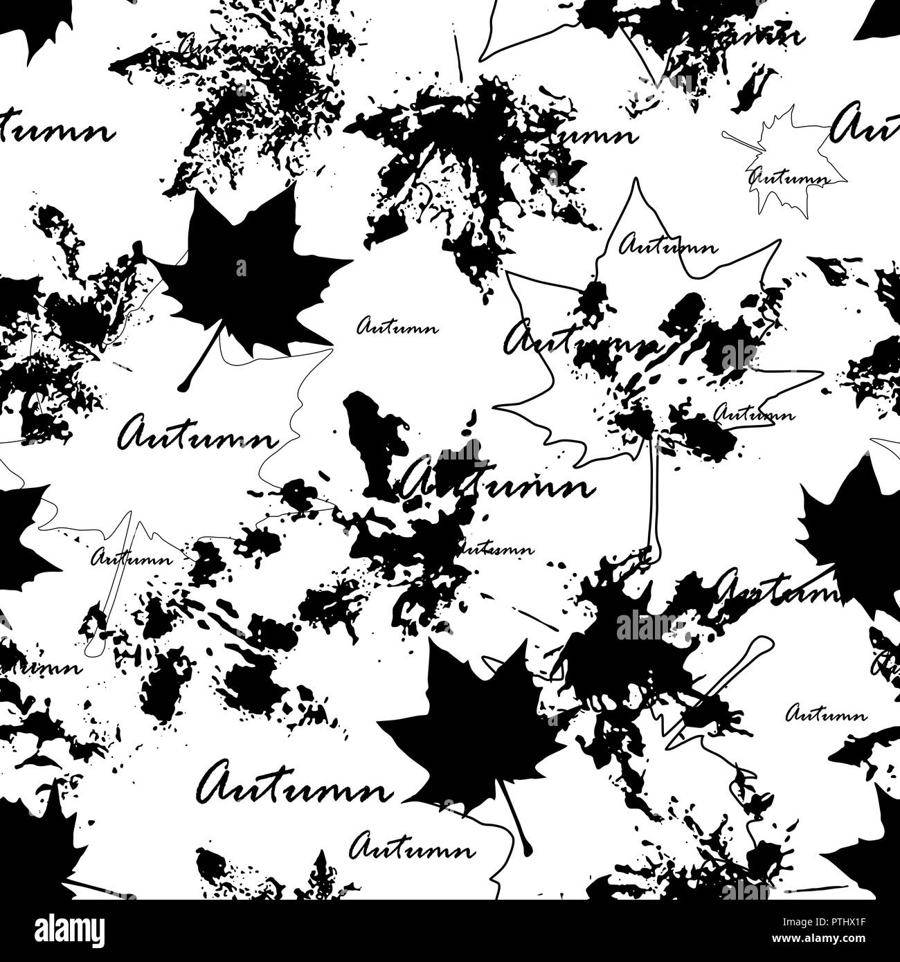 Luce modello senza cuciture con realistica foglie di acero impronte. In bianco e nero. Illustrazione Vettoriale Illustrazione Vettoriale