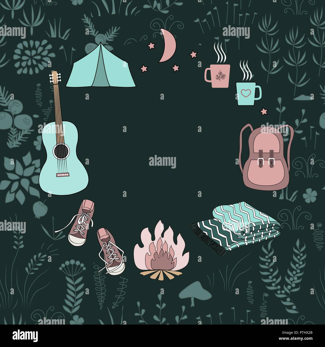 Cerchio Camping telaio. Modello con il turismo e campeggio simboli: zaino, falò, chitarra e escursionismo vestiti. Foresta sfondo floreale. Vector illust Illustrazione Vettoriale