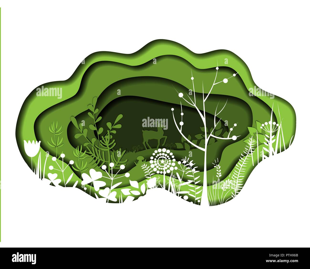 Arte di carta intagliare con graziosi e foresta magica. Legno in stile origami. Disegni vettoriali e illustrazione. Concetto di eco. Bellissimo sfondo floreale Illustrazione Vettoriale