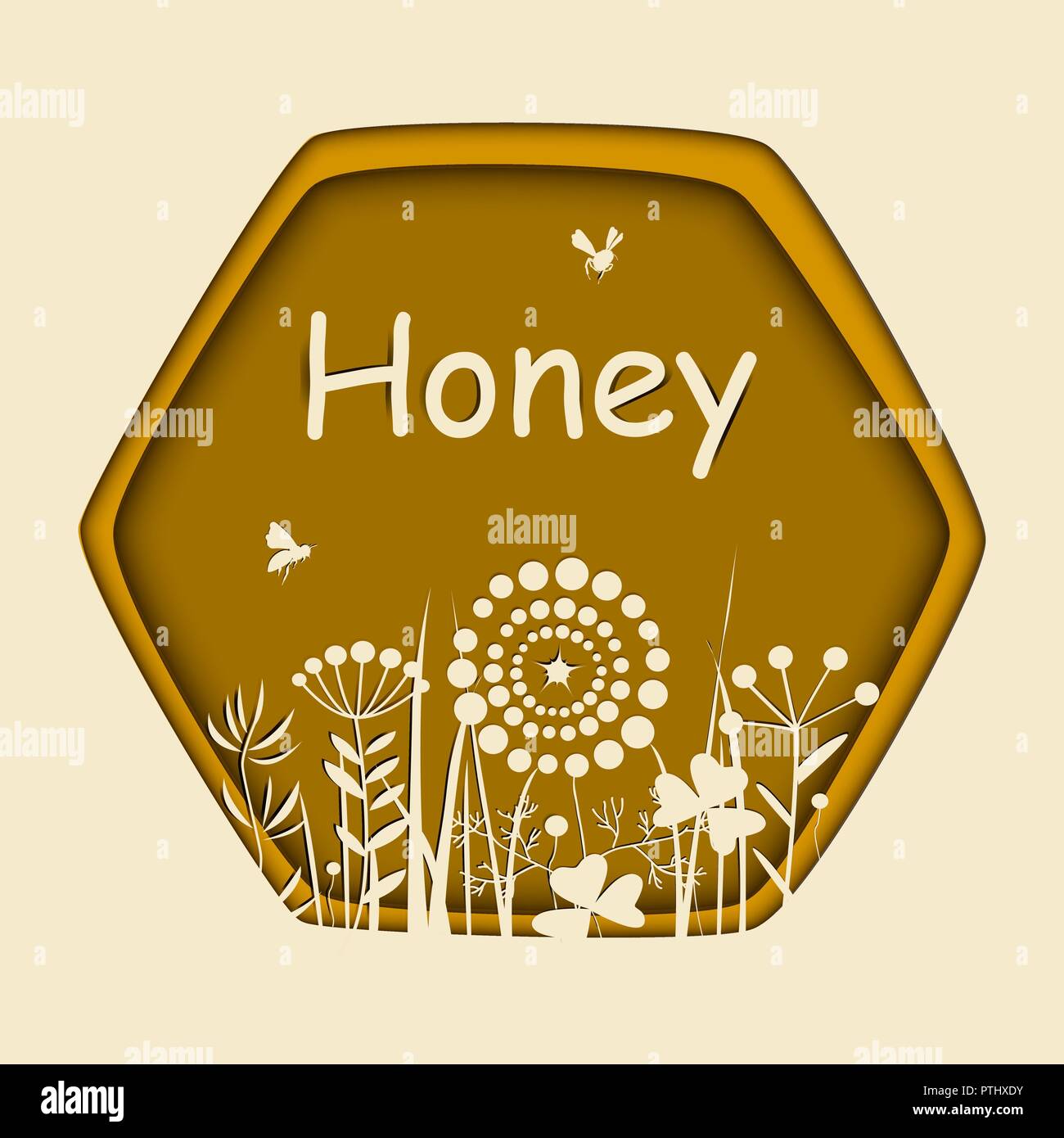 Carta elegante telaio di taglio con api e doodle fiori. Floral illustrazione vettoriale. Prato piante silhouette bianca nel pettine di miele Illustrazione Vettoriale