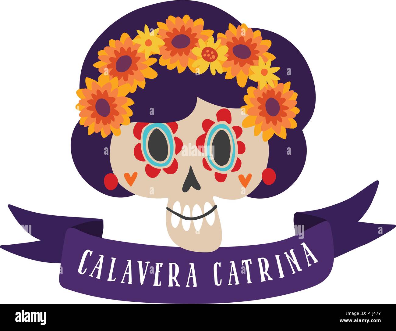 Halloween, Dia de los Muertos bigliettino. Mexican il Giorno dei Morti di invito. Nastro decorativo, zucchero cranio, calavera catrina e calendula fiori Illustrazione Vettoriale