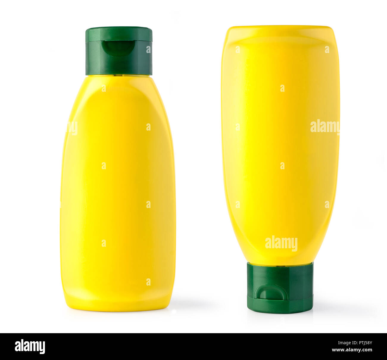 Bottiglia di senape su sfondo bianco Foto Stock