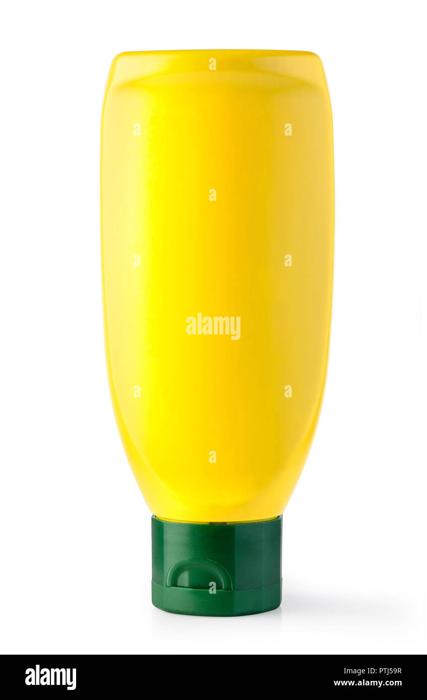 Bottiglia di senape su uno sfondo bianco con tracciato di ritaglio Foto Stock