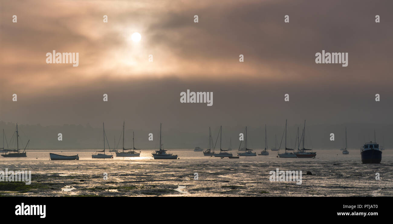 Bassa marea a Pin Mill nel Suffolk come un inizio di mattina nebbia in rotoli. Foto Stock