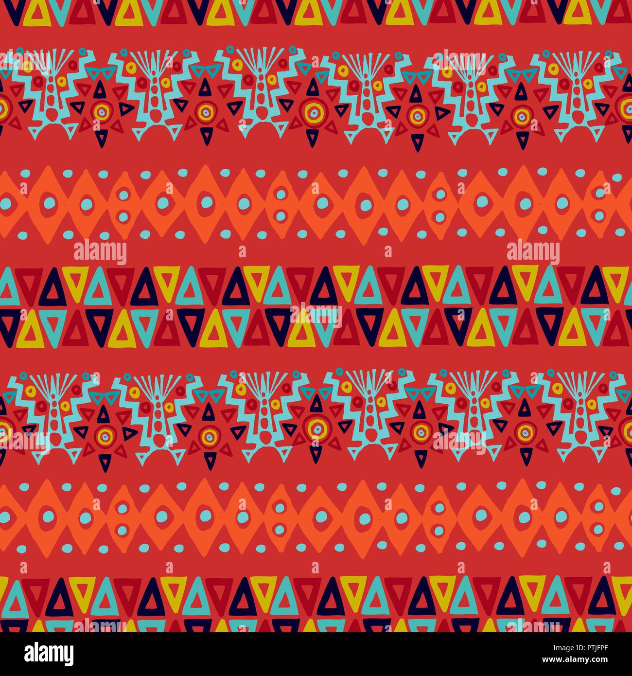 Etnici tribali boho style seamless pattern con sfondo colorato forme folk. Ideale per il disegno di tessuto, carta per la stampa e il web sullo sfondo. EPS10 vettore. Illustrazione Vettoriale