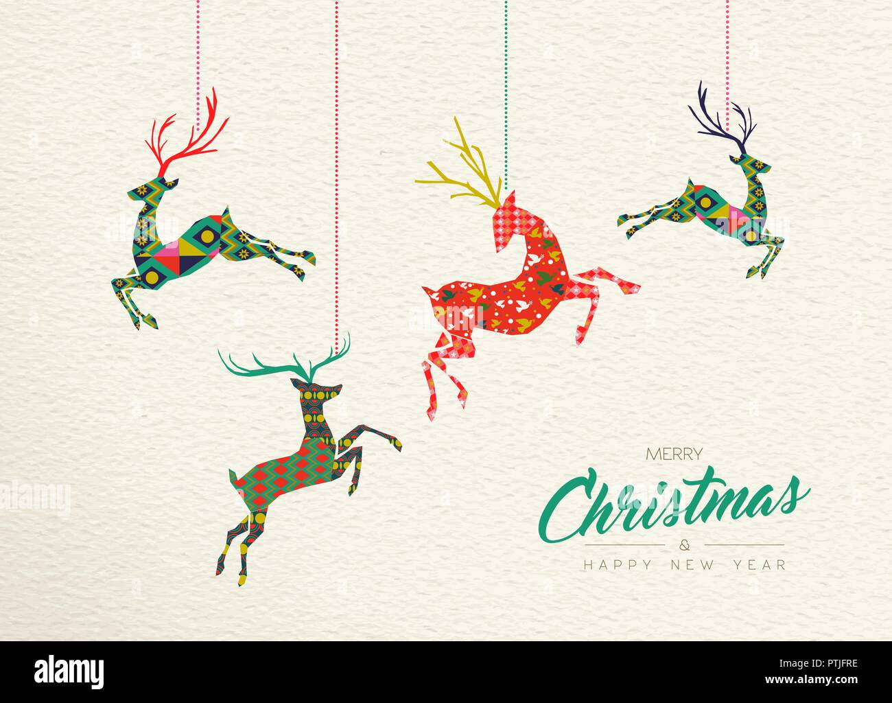 Buon Natale e Felice Anno Nuovo folk art greeting card illustrazione. Scandinavo stile Boho cervi con le tradizionali forme geometriche in festosa colo Illustrazione Vettoriale