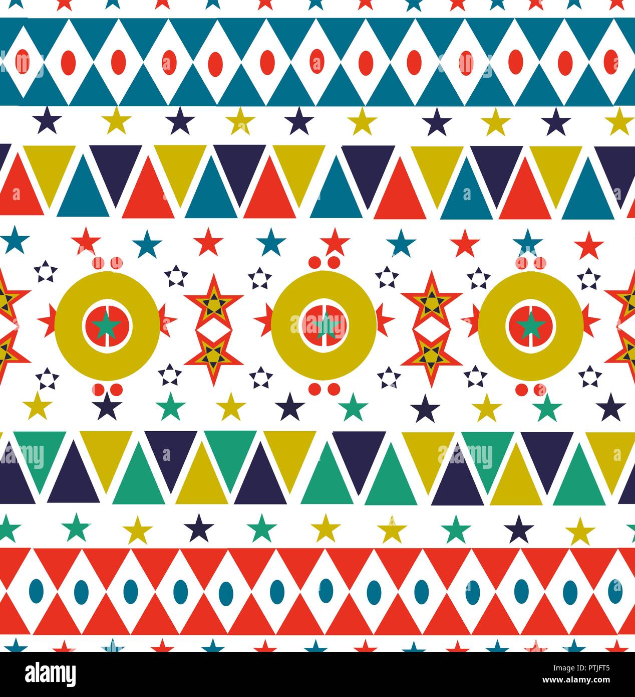 Retrò stagione di natale seamless pattern in stile folk con coloratissime forme geometriche e decorazione a stella sullo sfondo. EPS10 vettore. Illustrazione Vettoriale