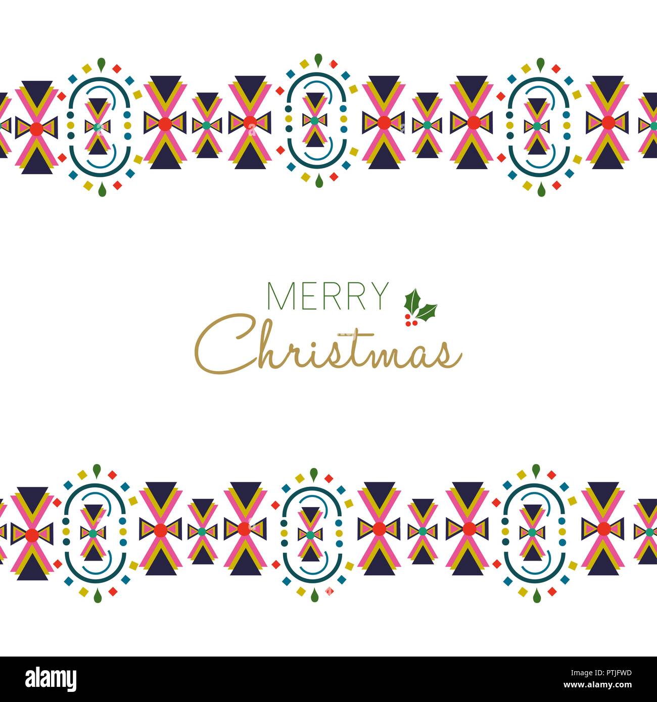 Merry Christmas holiday greeting card illustrazione. Tradizionale stile Scandinavo con decorazione geometrica astratta confine in colori festosi. EPS10 Illustrazione Vettoriale