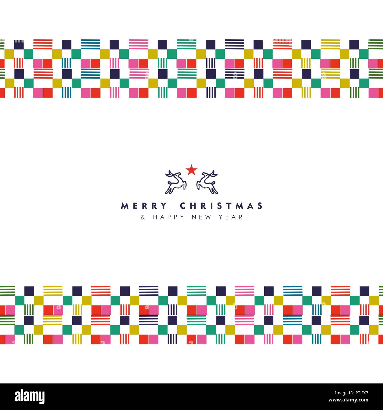 Buon Natale e Felice Anno Nuovo messaggio di saluto festivo illustrazione della scheda. Abstract decorazione di stile con bordo colorato forme geometriche in festosa colo Illustrazione Vettoriale