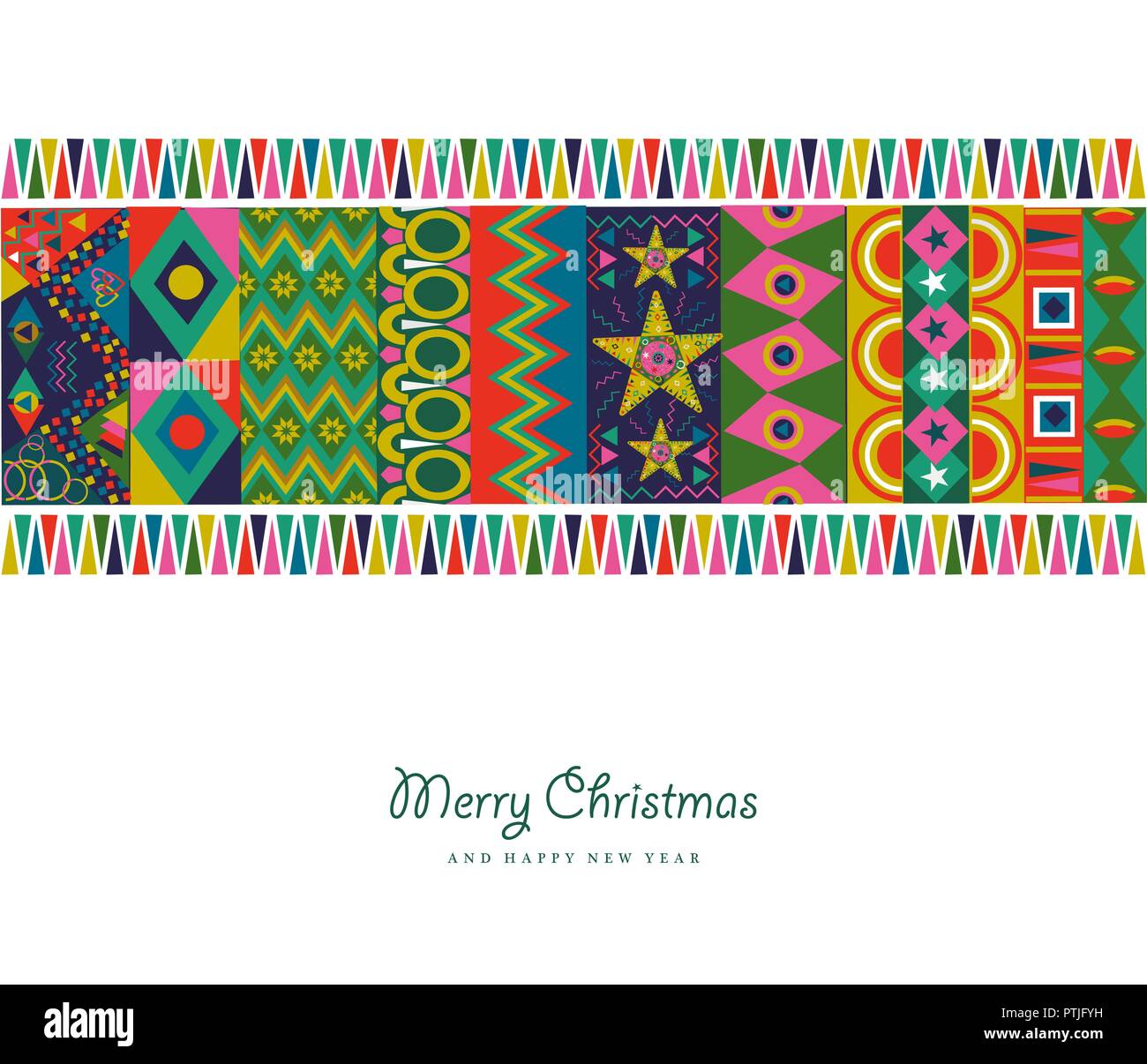 Merry Christmas holiday greeting card illustrazione. Abstract della Boemia decorazione di stile con coloratissime forme geometriche in colori festosi. EPS10 ve Illustrazione Vettoriale