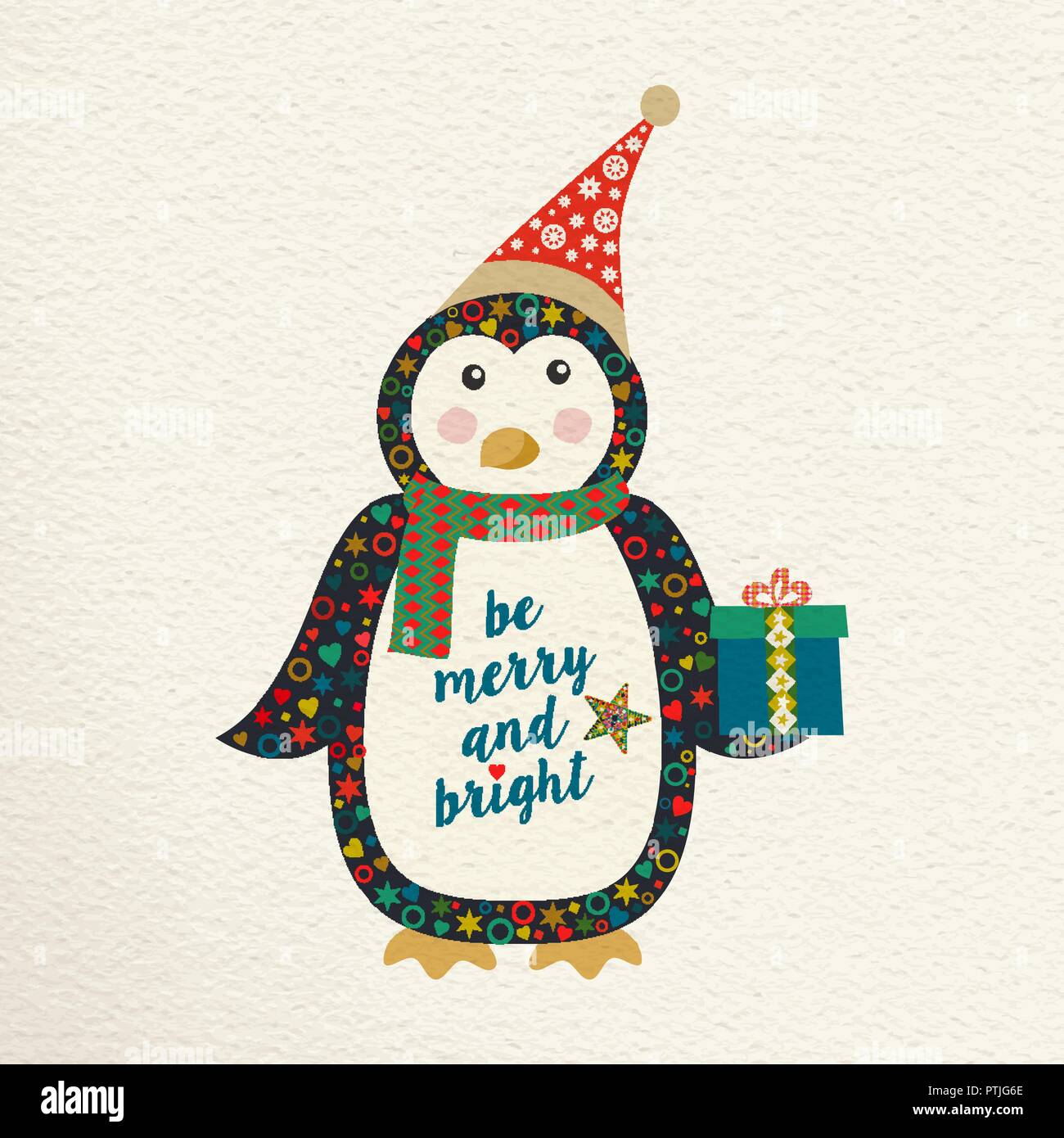 Buon Natale folk art greeting card illustrazione. Attraente pinguino con santa hat in vacanza festosa di colori. EPS10 vettore. Illustrazione Vettoriale
