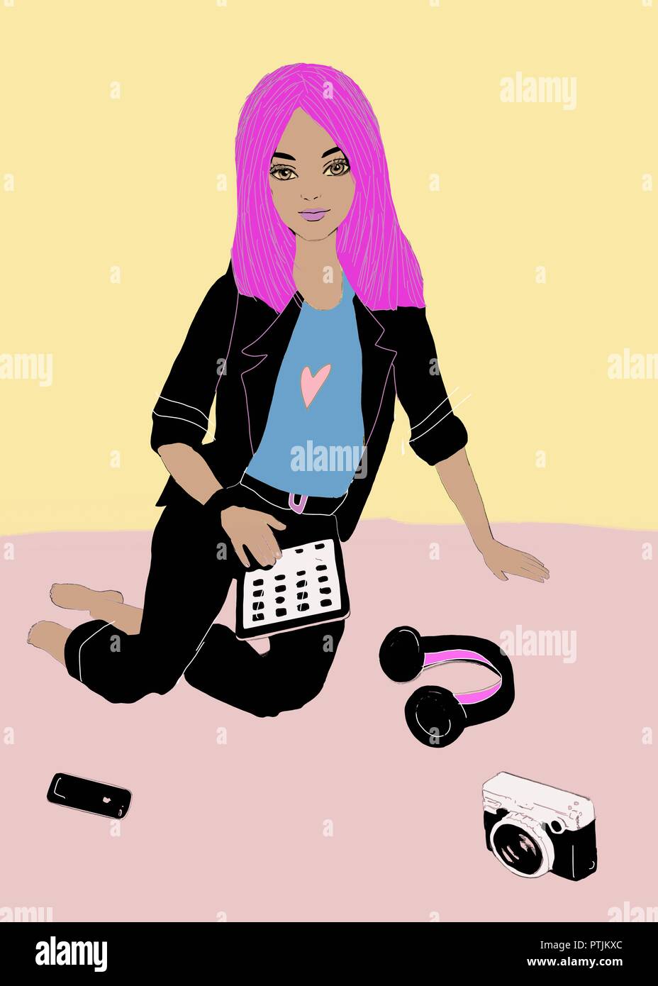 Alla moda o indiano Asian studente di scuola superiore con la tecnologia Foto Stock