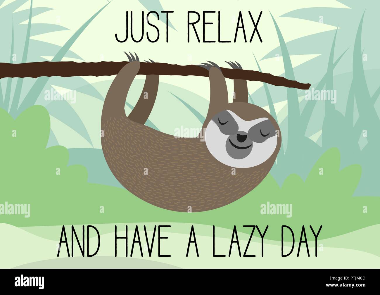 Carino bradipo appeso sul ramo di albero biglietto di auguri Illustrazione Vettoriale