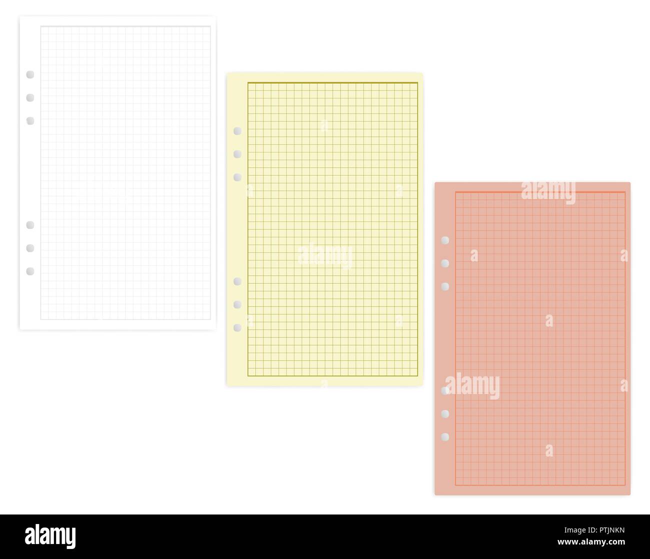Fori di riempimento colorato fogli di carta, vettore mockup. Fiancheggiata junior dimensione giuridica squadrato pastiglie di scrittura per rilegatore ad anelli isolato su bianco, modello Illustrazione Vettoriale