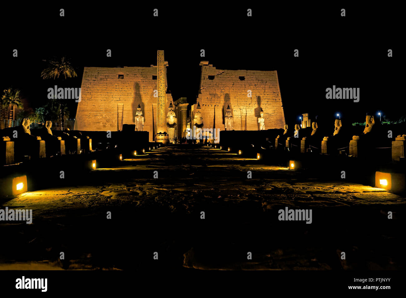 Guardando verso il primo pilone del Tempio di Luxor e di notte, dal viale della testa umana sfingi Foto Stock