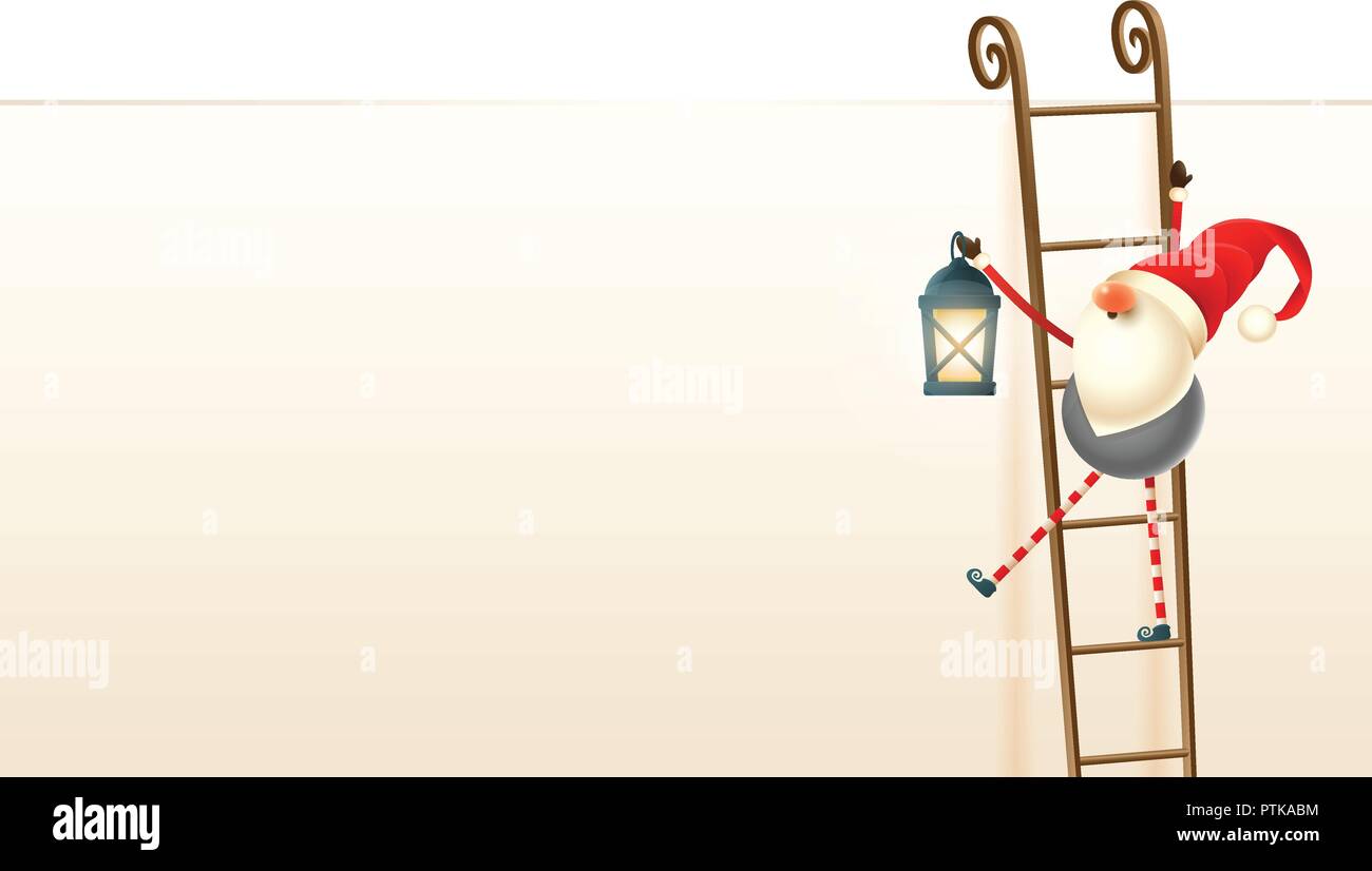 Felice carino Natale scandinavo gnome salire fino al tabellone per le affissioni uso di scale a pioli. Inserire del testo o di altri elementi Illustrazione Vettoriale