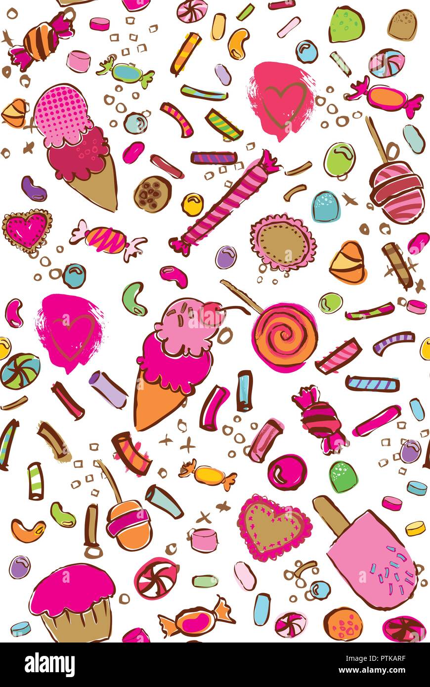 Vettore caramelle colorate e dolci seamless pattern su sfondo bianco. Perfetto per tessuto, trapuntatura, scrapbook Paper, carta da parati e artigianato Illustrazione Vettoriale