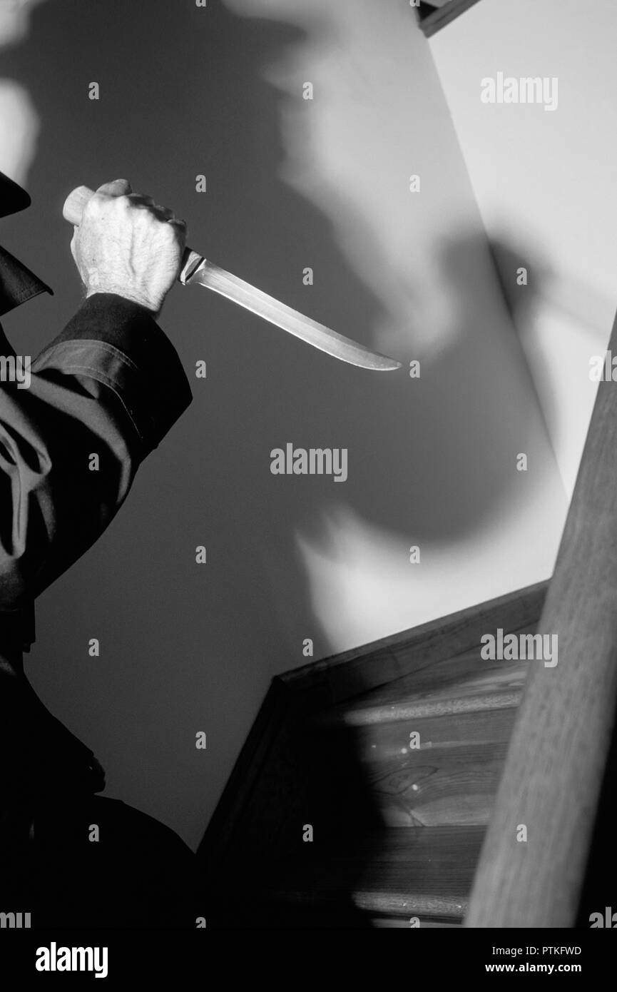 Ombra di uomo con coltello su scale, STATI UNITI D'AMERICA Foto Stock