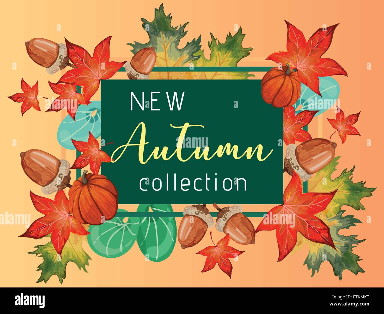 Nuova collezione banner per autunno con foglie di autunno e di zucca. Illustrazione Vettoriale