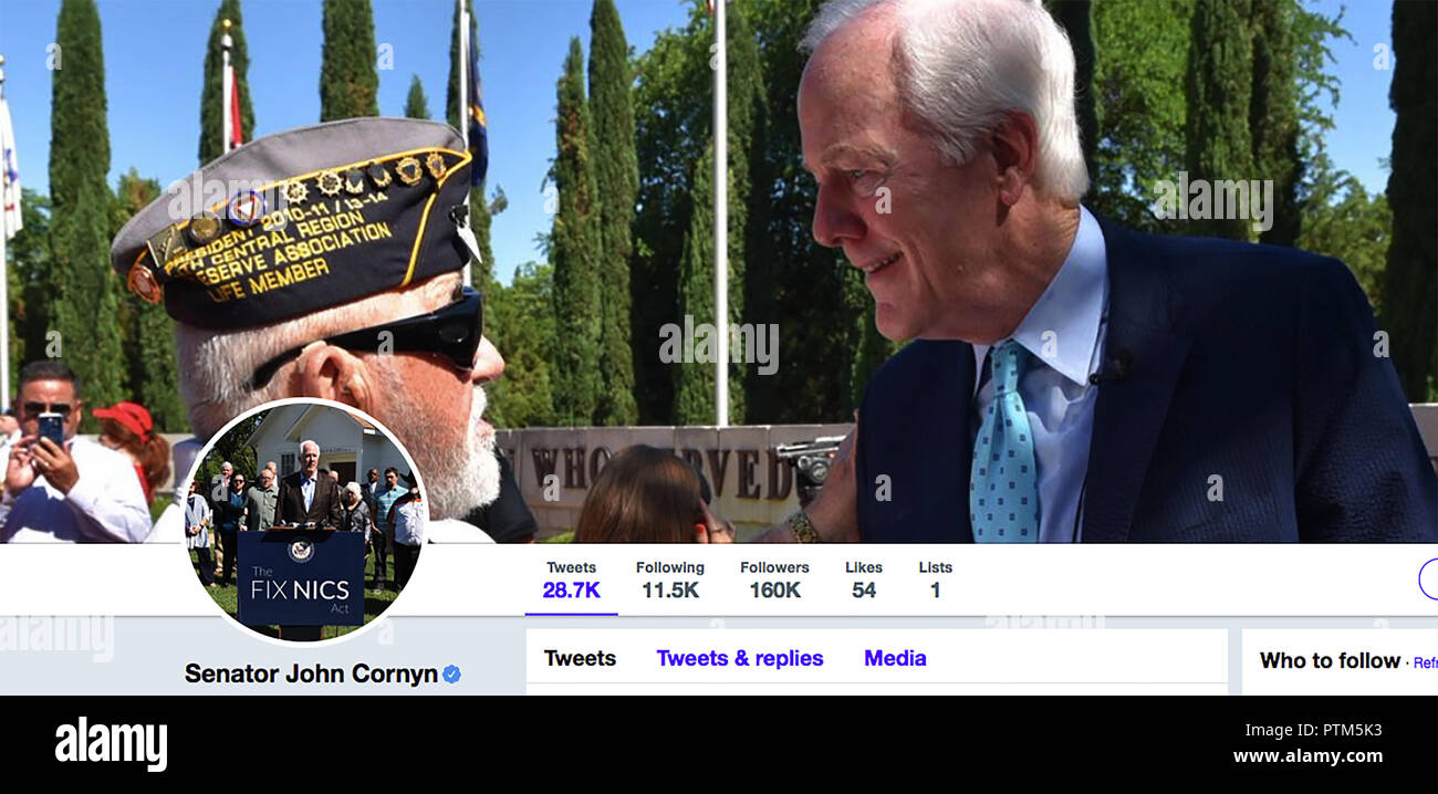 Pagina su Twitter per John Cornyn. John Cornyn III è un uomo politico americano e avvocato che serve come senior il Senato degli Stati Uniti dal Texas dal 2002. Egli è attualmente la maggioranza del Senato frusta per il 115Congresso. Cornyn precedentemente servito come Presidente della Nazionale Repubblicana Comitato Senatoriale dal 2007 al 2011. Foto Stock