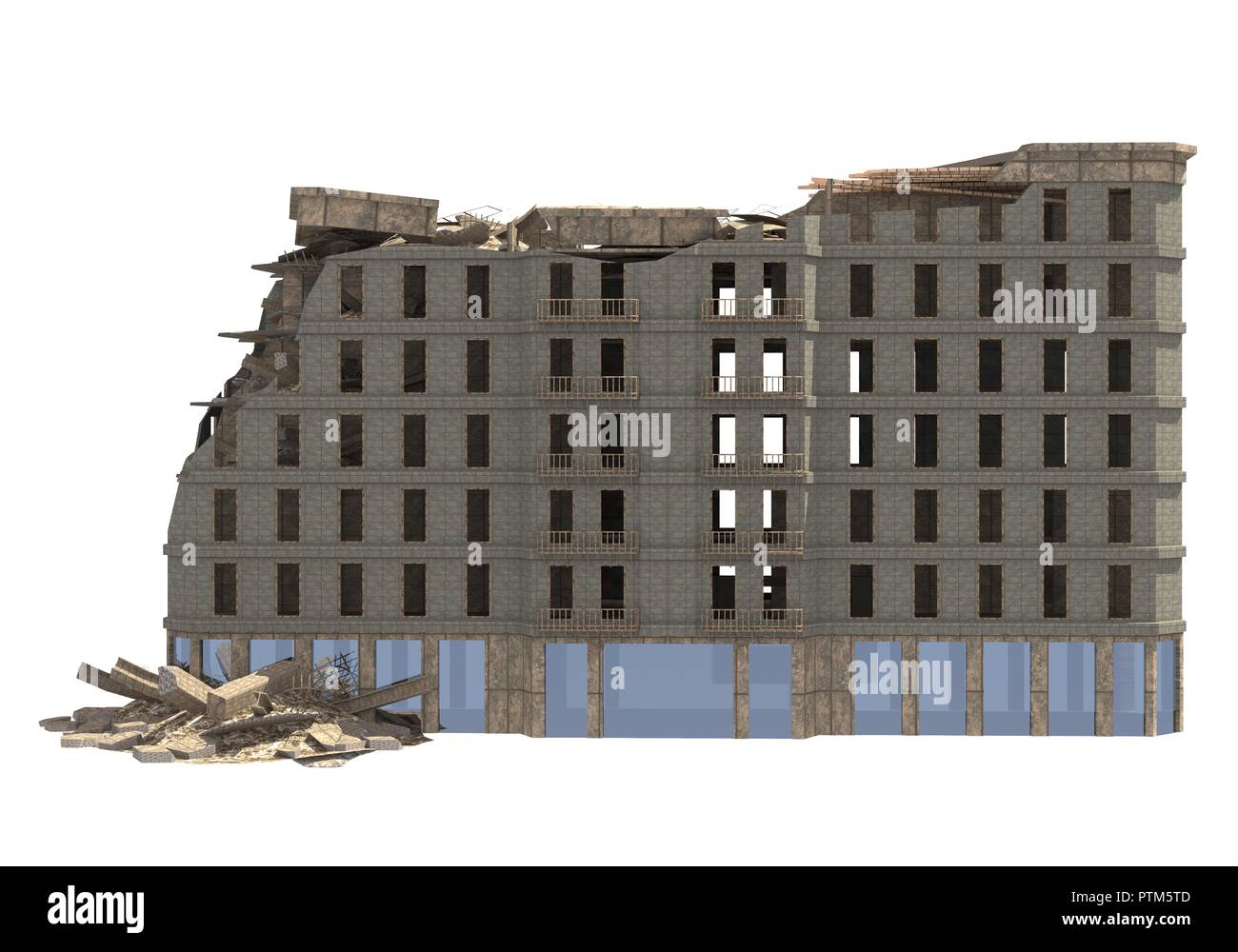 Edificio rovinato isolati su sfondo bianco 3D illustrazione Foto Stock