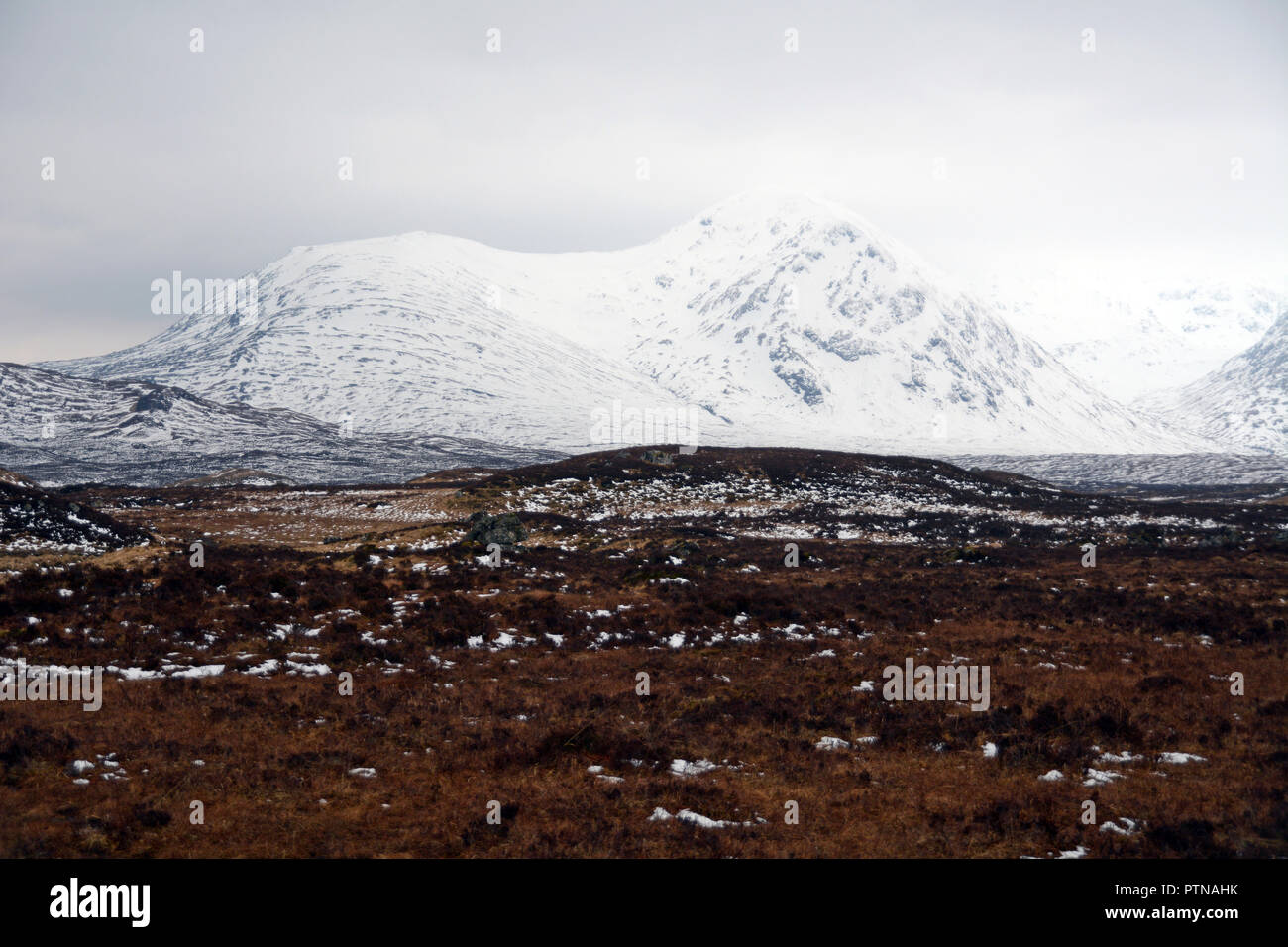 Le montagne coperte di neve del Monte Nero gamma tra la paludosa brughiera di Rannoch Moor, Highlands scozzesi, Scotland, Regno Unito. Foto Stock