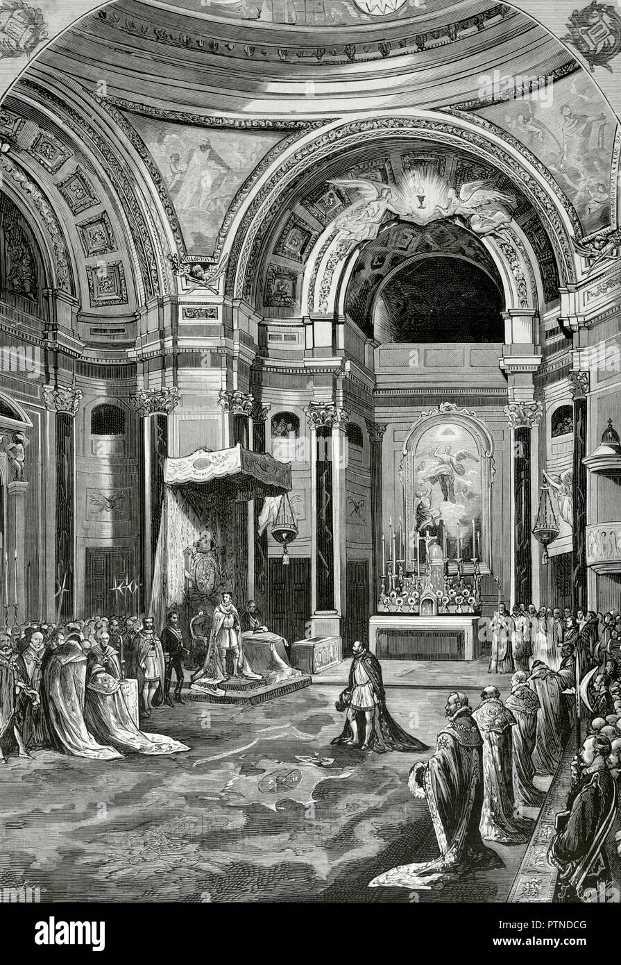 España. Madrid. Capítulo celebrado por los Caballeros de la Real Orden de Carlos III, bajo la Presidencia de S. M. el Rey Alfonso XII (1857-1885) en la Capilla de Palacio el 7 del valore effettivo. Dibujo por Comba. Grabado por Rico. La Ilustración Española y Americana, 22 de diciembre de 1876. Biblioteca Histórico Militar de Barcelona. Cataluña, España. Foto Stock