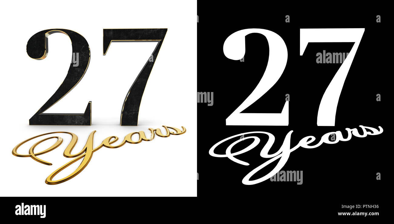 Numero aureo ventisette (numero 27) e l'iscrizione anni con ombra e canale alfa. 3D'illustrazione. Foto Stock