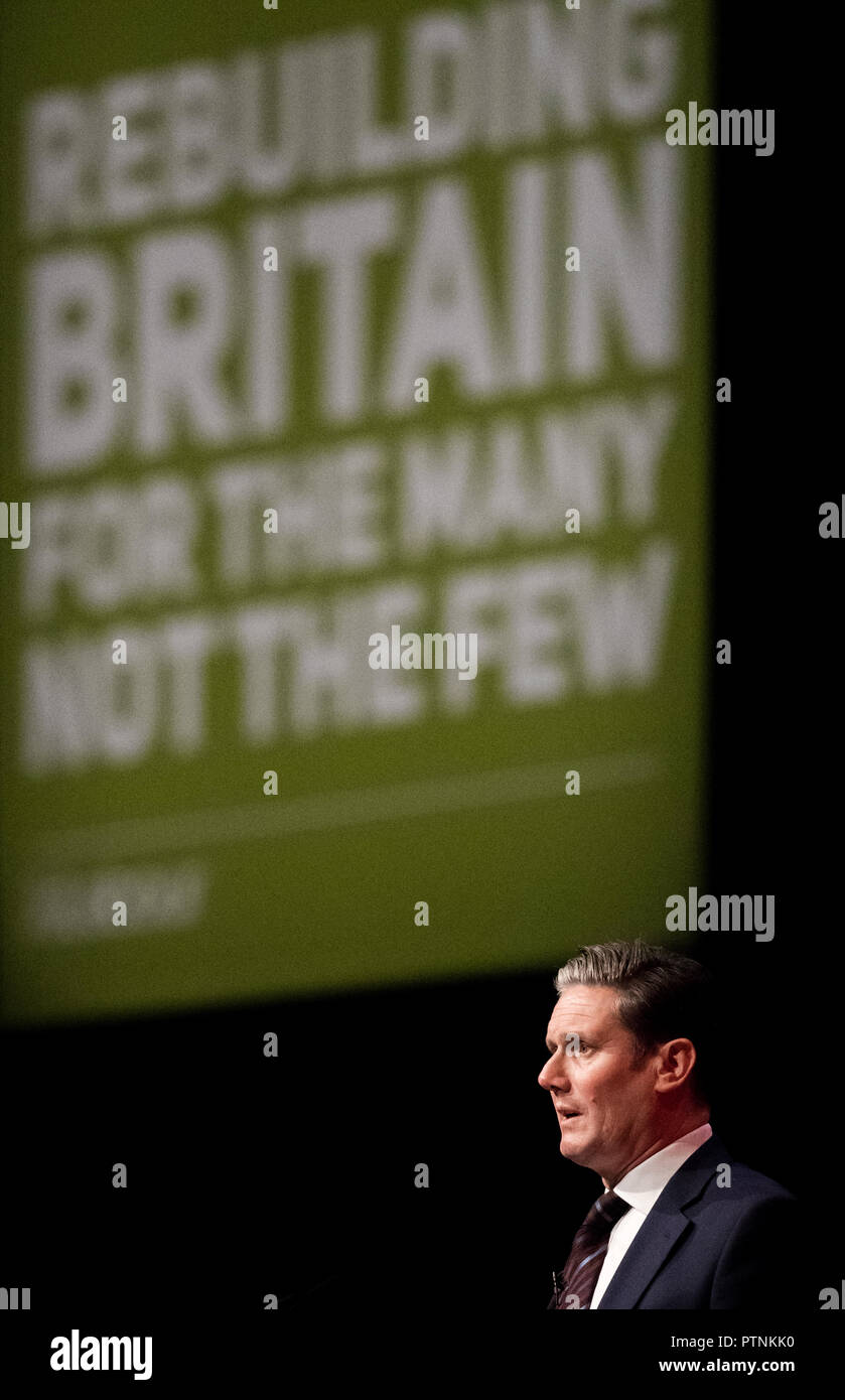 Keir Starmer p.f. Ombra del Segretario di Stato per la chiusura dell'Unione europea al Partito laburista conferenza annuale 2018, Liverpool. Foto Stock
