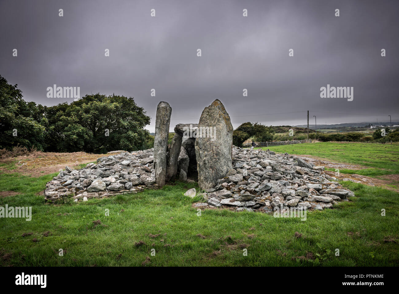 Neolitico Trefignath sepoltura camera vicino a Holyhead, Anglesey, Galles, Regno Unito Foto Stock