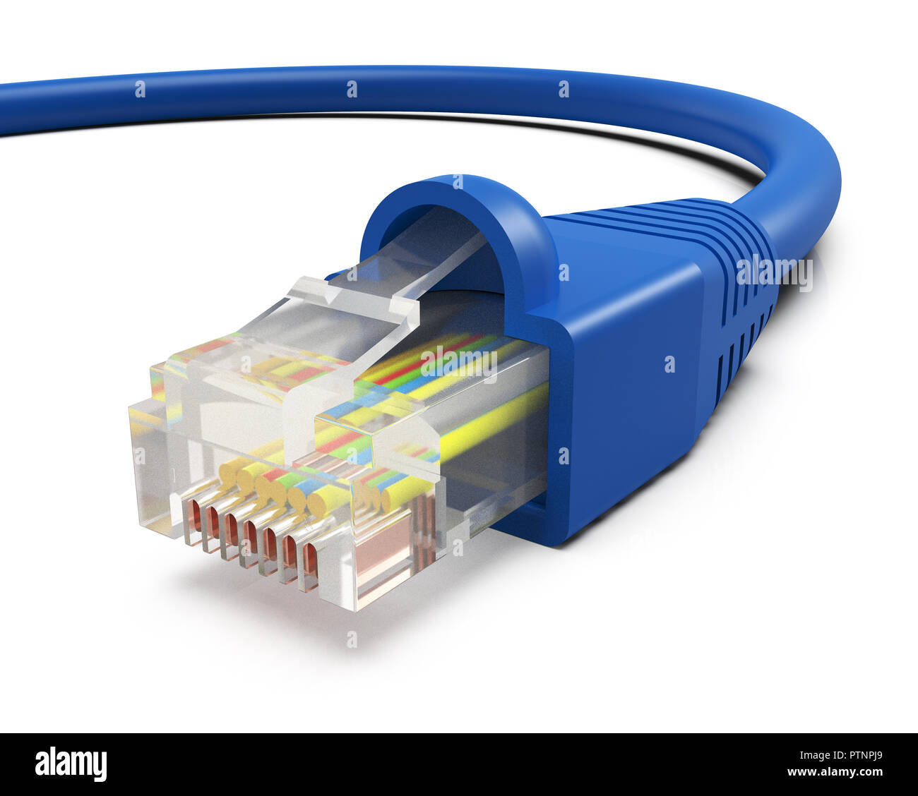 Ethernet blu cavo di collegamento isolato su sfondo bianco, rendering 3D Foto Stock