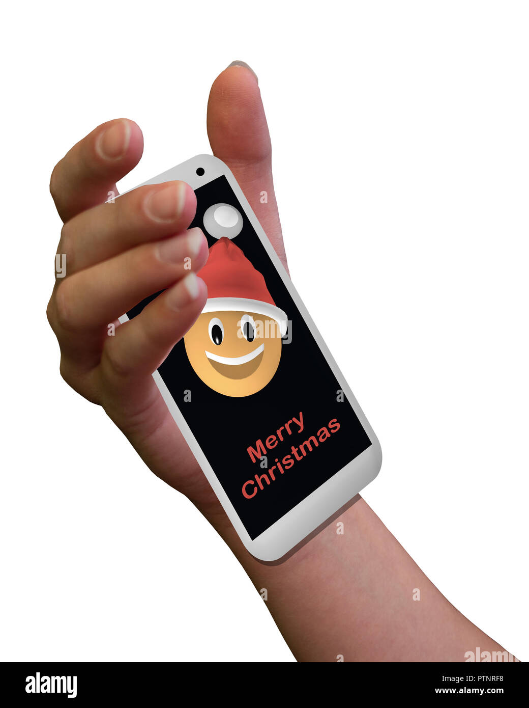 Mano umana è in possesso di un telefono cellulare con ridere emoticon di natale. Testo Buon Natale. 3d illustrazione Foto Stock