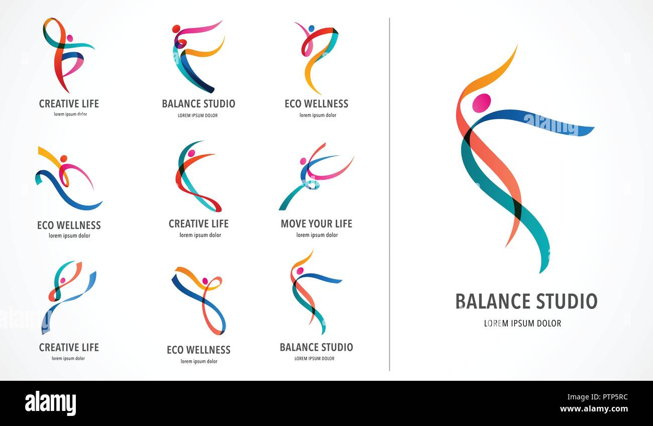 Astratti persone logo design. Palestra fitness, esecuzione di vettore trainer il logo colorato. Active Fitness, sport, danza web icona e simbolo Illustrazione Vettoriale