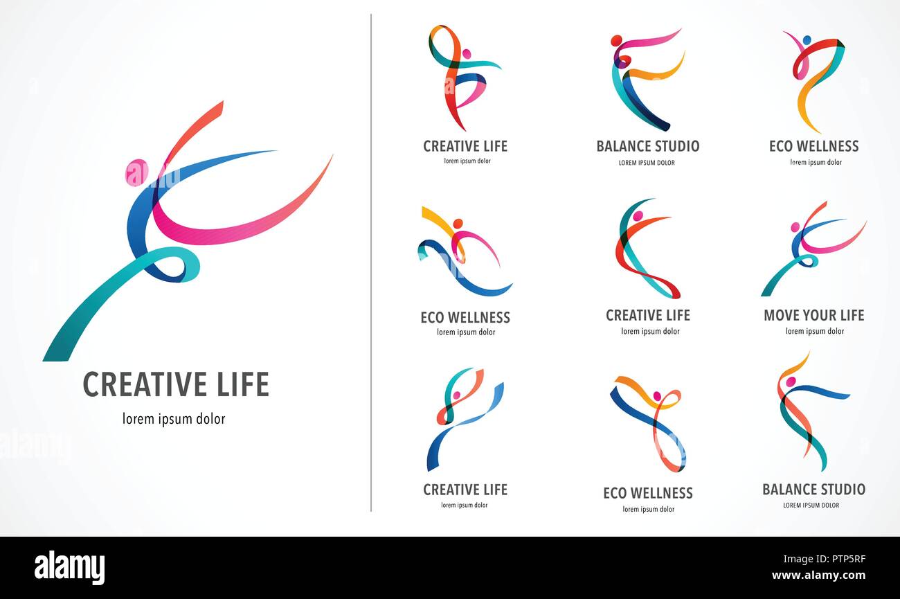 Astratti persone logo design. Palestra fitness, esecuzione di vettore trainer il logo colorato. Active Fitness, sport, danza web icona e simbolo Illustrazione Vettoriale