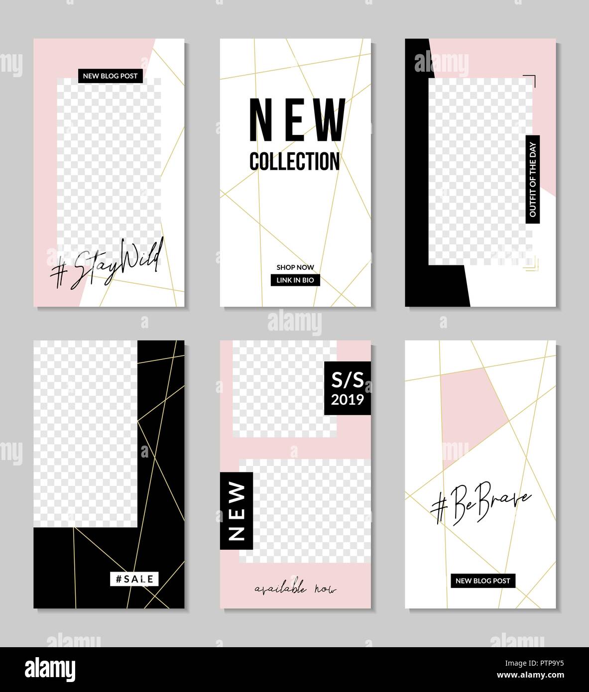 Un set di sei modelli modificabili per Instagram storie in rosa pastello, bianco, oro e nero con segnaposto per le foto. Illustrazione Vettoriale
