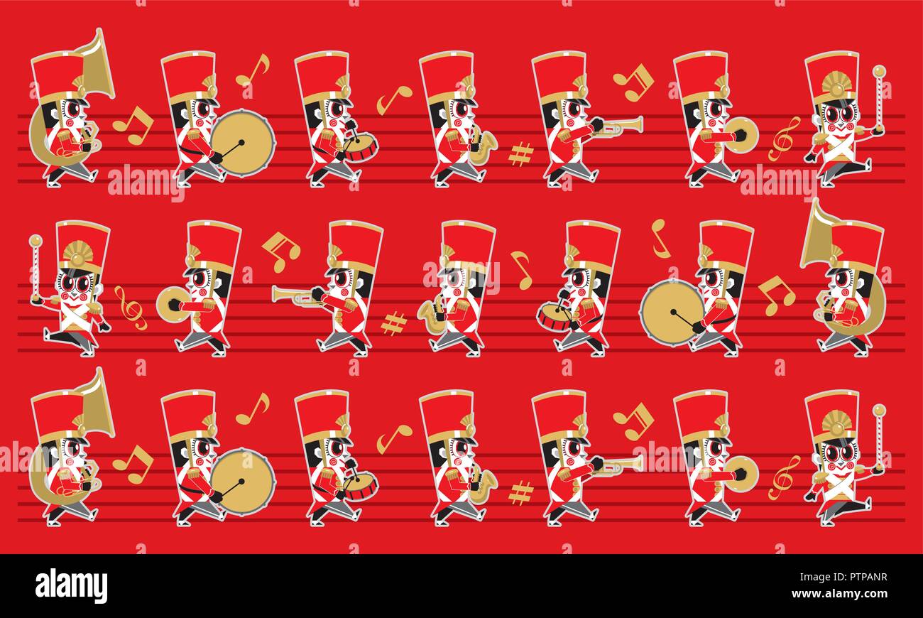 Un simpatico marching brass band con vari tipi di strumenti. Con colori e simboli di musica di sottofondo. Illustrazione Vettoriale