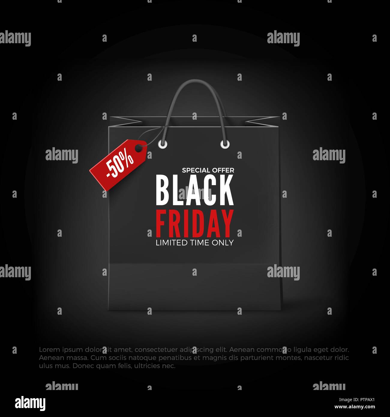 Venerdì nero concetto. Carta nera Borsa con vendita di tag e testo. Venerdì nero modello di pagina di intestazione. Illustrazione di vettore isolato su sfondo nero Illustrazione Vettoriale