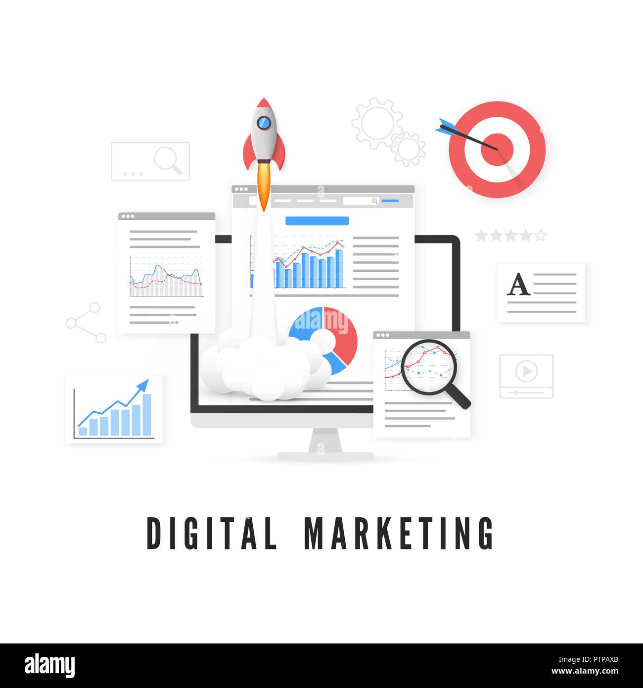 Il marketing digitale concetto. Analisi dei dati. SEO promozione. Illustrazione Vettoriale Illustrazione Vettoriale