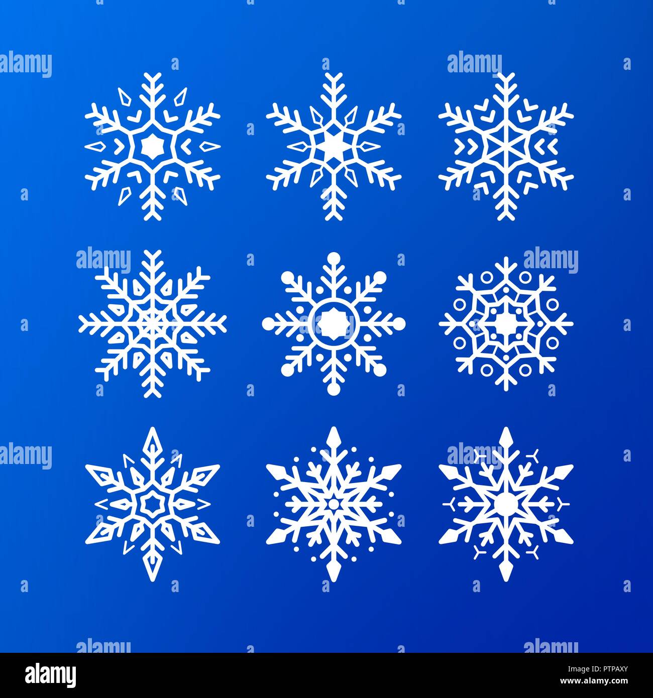 Il simbolo del fiocco di neve icon set. colore bianco fiocchi di neve isolato su sfondo blu. In inverno il natale il simbolo del fiocco di neve di cristallo elemento di decorazione. Xmas frost isolare piatta Illustrazione Vettoriale