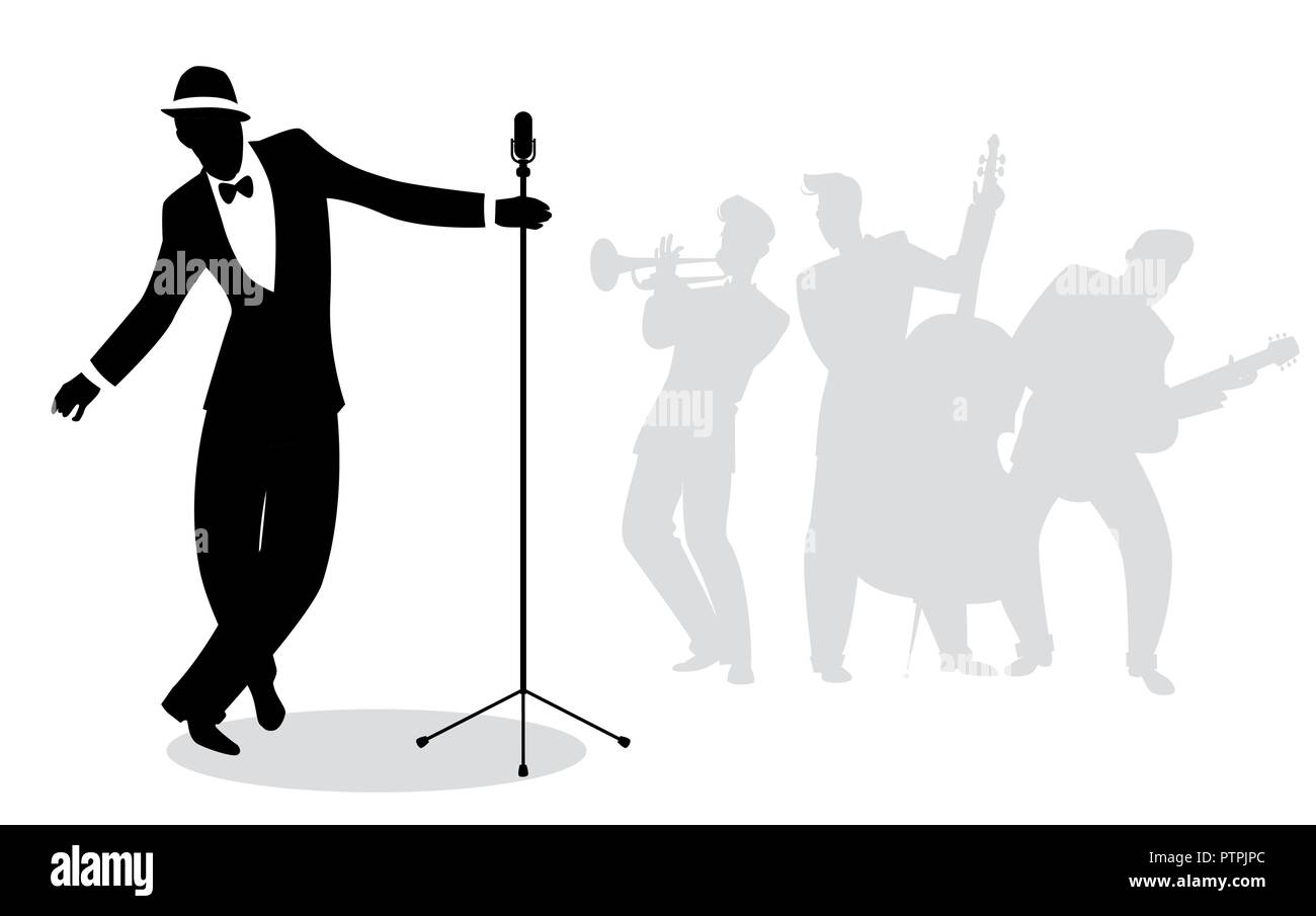 Cantante retrò 'crooner' silhouette con musicisti in background Illustrazione Vettoriale
