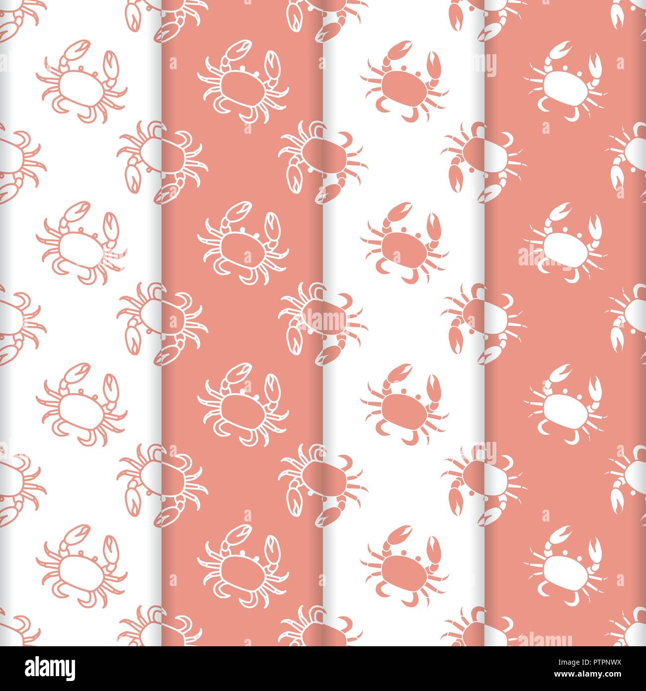 Set di 4 vector seamless pattern con i granchi. Abitanti del mare. Animali sotto l'acqua. Frutti di mare. Design per il confezionamento di carta, tessuto e altro stampa. Illustrazione Vettoriale