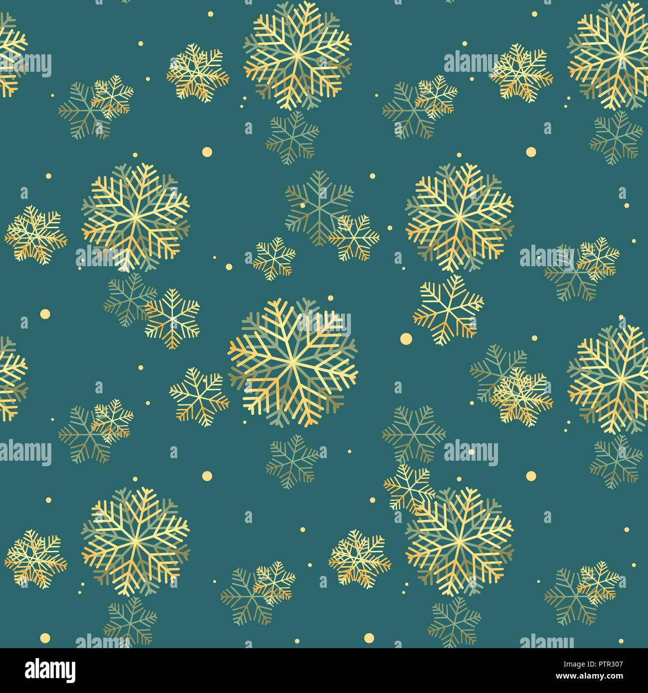 Oro fiocchi di neve scintillante seamless pattern su sfondo verde. EPS 10 Illustrazione Vettoriale