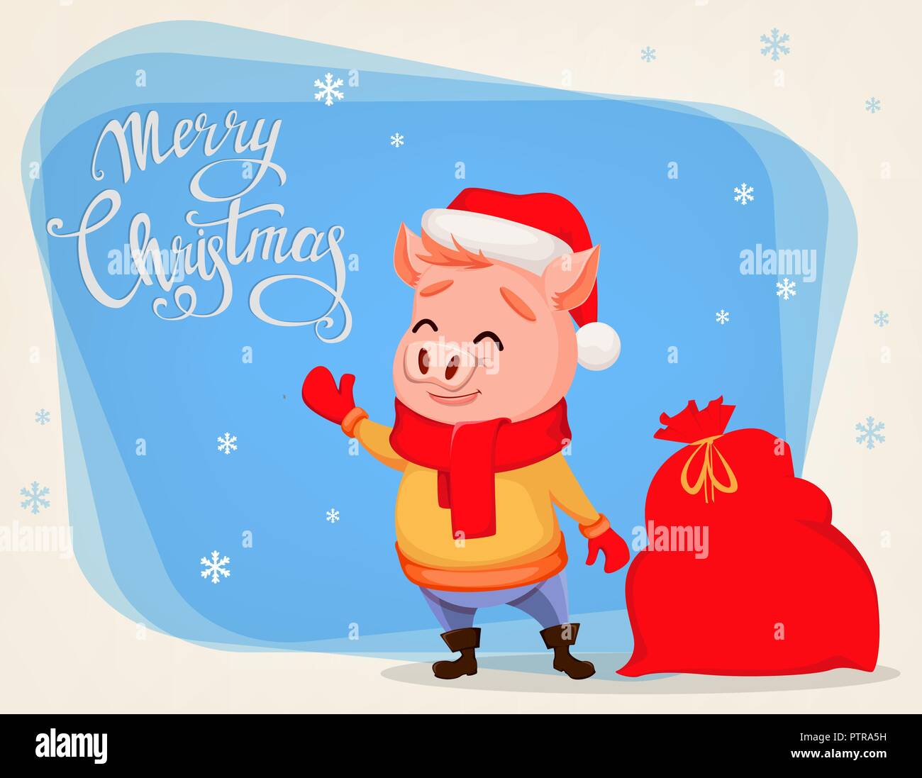 Merry Christmas greeting card con suini carini indossando Santa Claus hat e sciarpa. Allegro divertente personaggio dei fumetti. Illustrazione Vettoriale su inverno backgro Illustrazione Vettoriale