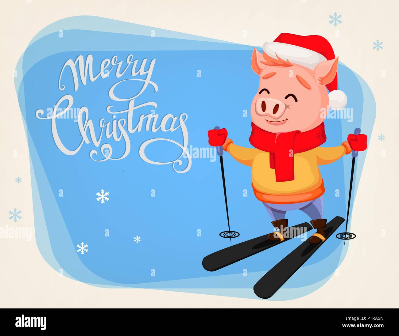 Merry Christmas greeting card con suini carini indossando Santa Claus hat e sciarpa. Allegro divertente personaggio dei fumetti di sci. Illustrazione Vettoriale in inverno Illustrazione Vettoriale