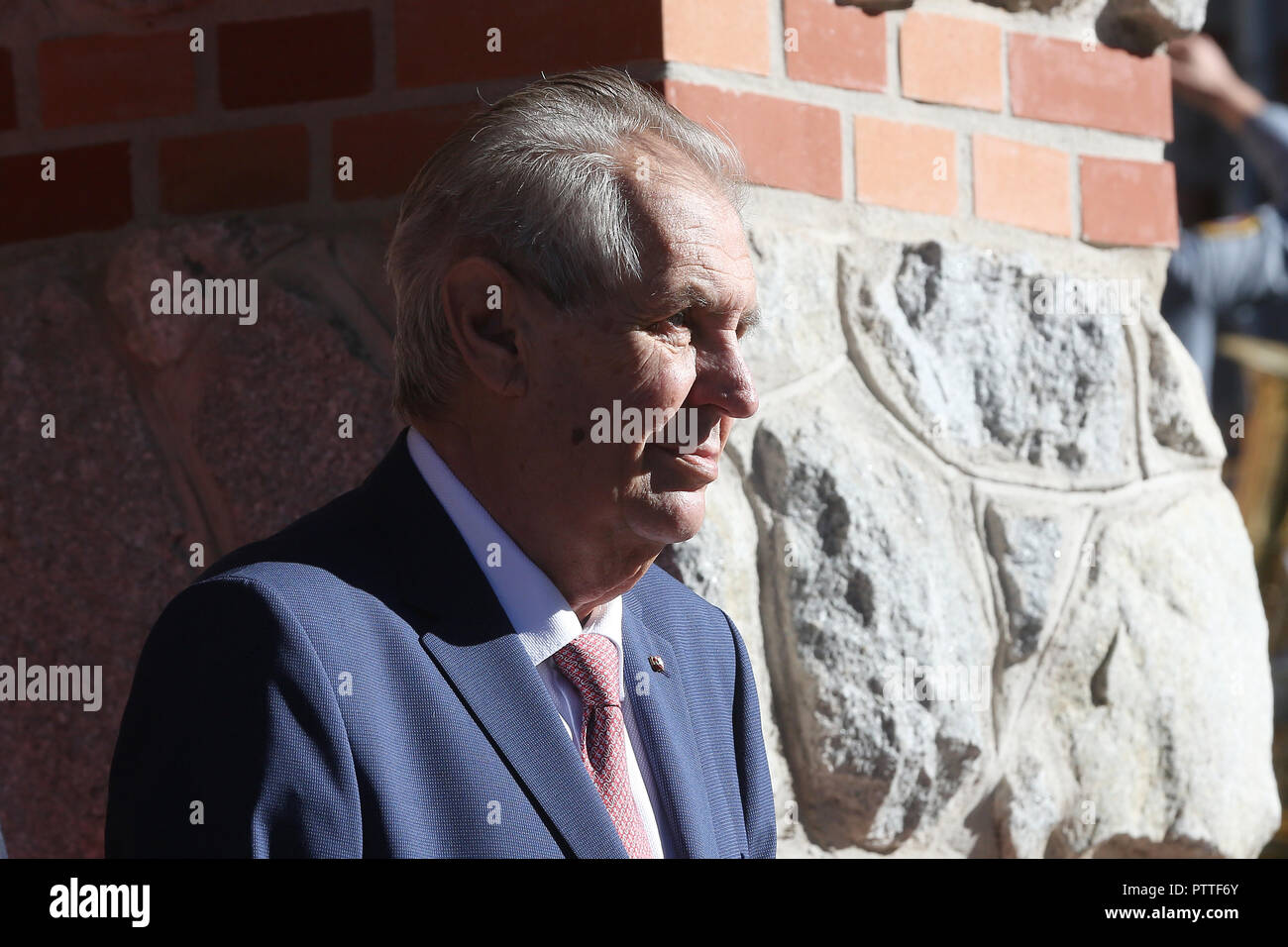 Il villaggio di Strbske Pleso, Slovacchia. Undicesimo oct, 2018. Il presidente ceco Zeman partecipa alla cerimonia di benvenuto e la sessione di foto durante la due giorni di riunione dei presidenti della V4 paesi (Repubblica Ceca, Ungheria, Polonia e Slovacchia) nel villaggio di Strbske Pleso, Slovacchia, 11 ottobre 2018. Credito: Petr Sznapka/CTK foto/Alamy Live News Foto Stock