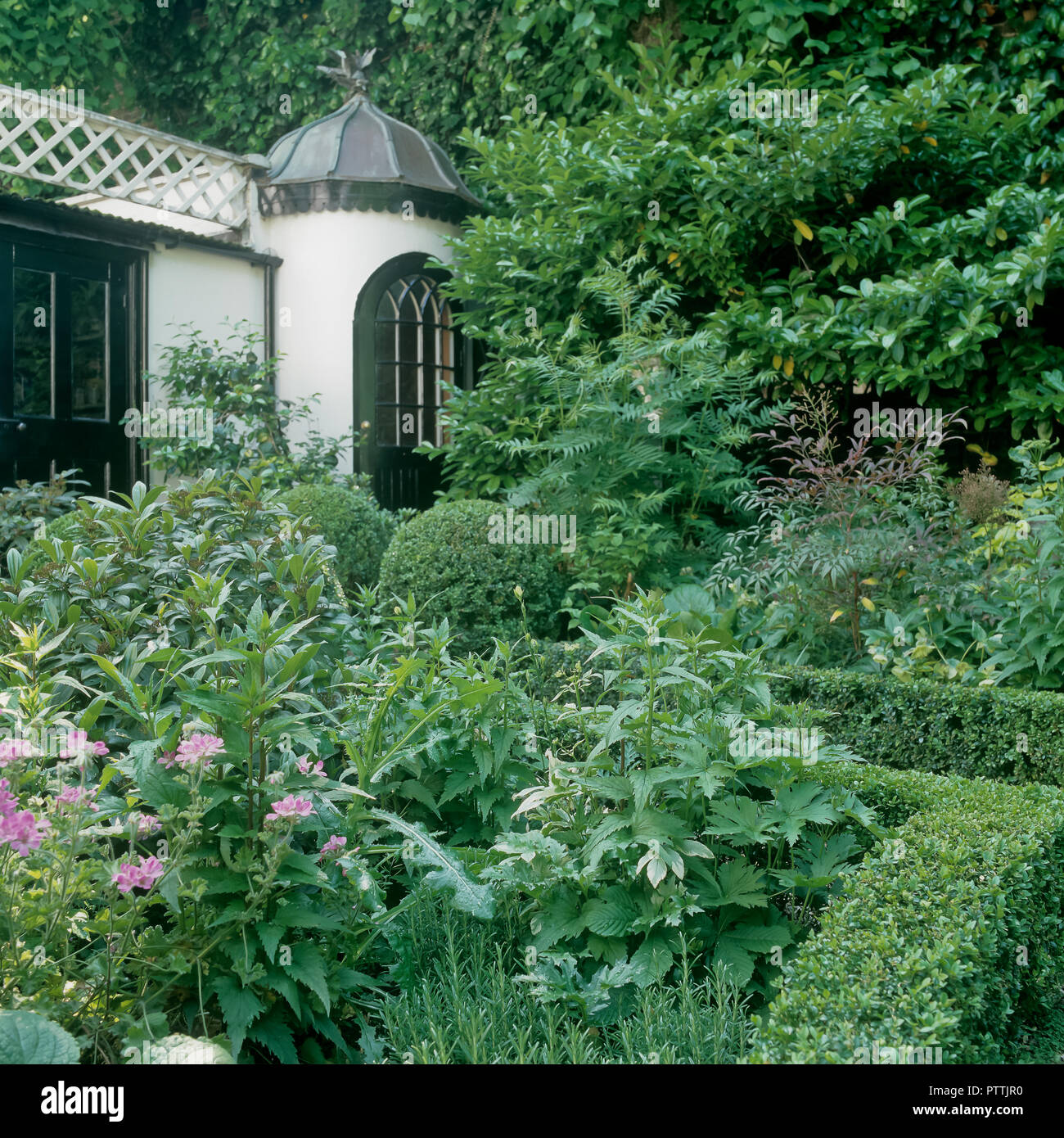 Rosa di piante fiorite e agganciata box con summerhouse vittoriano in Kensington Garden Foto Stock