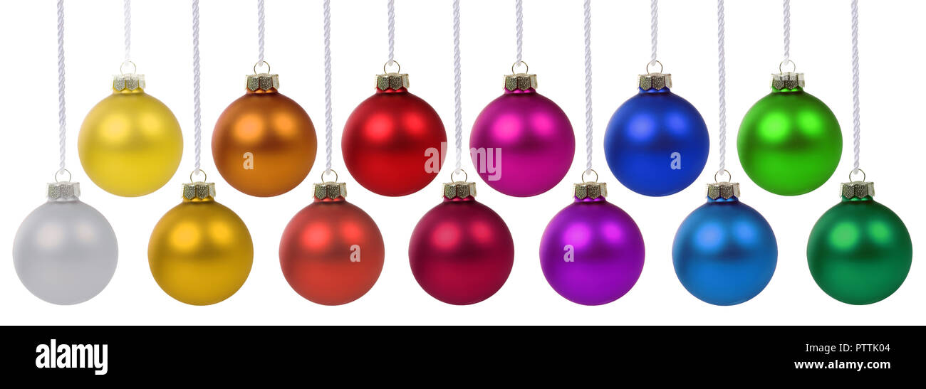Le palle di Natale baubles banner colori deco decorazione appesa isolato su uno sfondo bianco Foto Stock