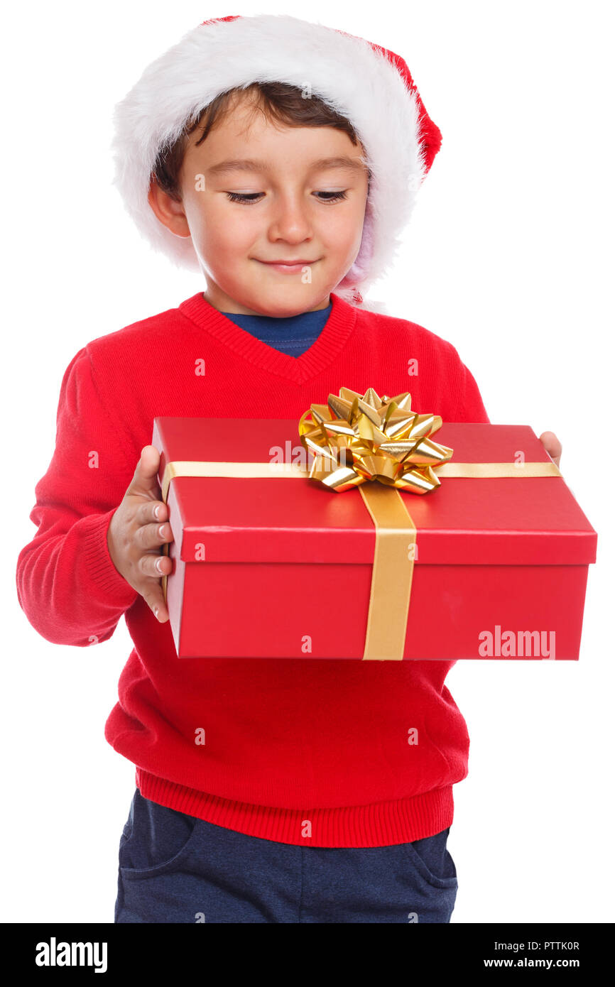 Bambino kid regalo di Natale presente Santa Claus sorpresa isolato su uno sfondo bianco Foto Stock