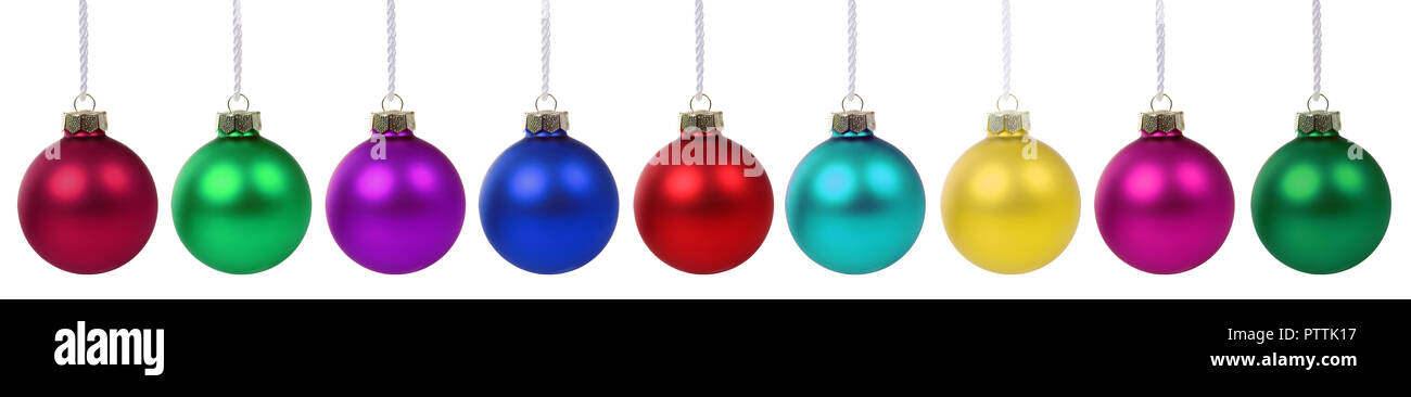 Le palle di Natale di colori baubles banner Decorazione isolato su uno sfondo bianco Foto Stock